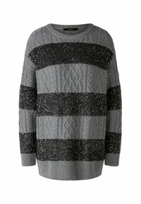 Pull en tricot gris avec des rayures horizontales en sequins noirs, motifs en cable texturé et encolure ronde. Coupe régulière, manches longues.