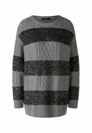 Maglione grigio a maglia con strisce orizzontali di paillettes nere, con motivi a trecce testurizzati e scollatura rotonda. Vestibilità regolare, maniche lunghe.