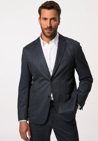 Blazer blu scuro realizzato in tessuto testurizzato, monopetto con revers a punta, dotato di due tasche frontali e un design slim fit.