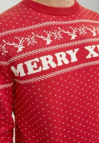 Roter gestrickter Pullover mit weißem "MERRY XMAS"-Text, Rentiermustern und einem strukturierten Design mit kleinen weißen Punkten. Rundhalsausschnitt.