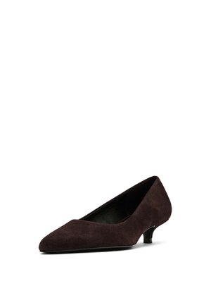 Dunkelbraune Wildleder-Pumps mit spitzem Zeh und kleinem Absatz. Die Außenseite hat eine glatte Textur, während das Innere mit schwarzem Material ausgekleidet ist.