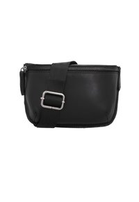 Borsa nera in pelle con zip, con una finitura testurizzata, dotata di una tracolla in tessuto e una fibbia in metallo, forma rettangolare.
