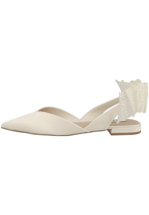Pointed-toe cream flat shoe with slingback strap and decorative ruffled mesh detail at the heel.