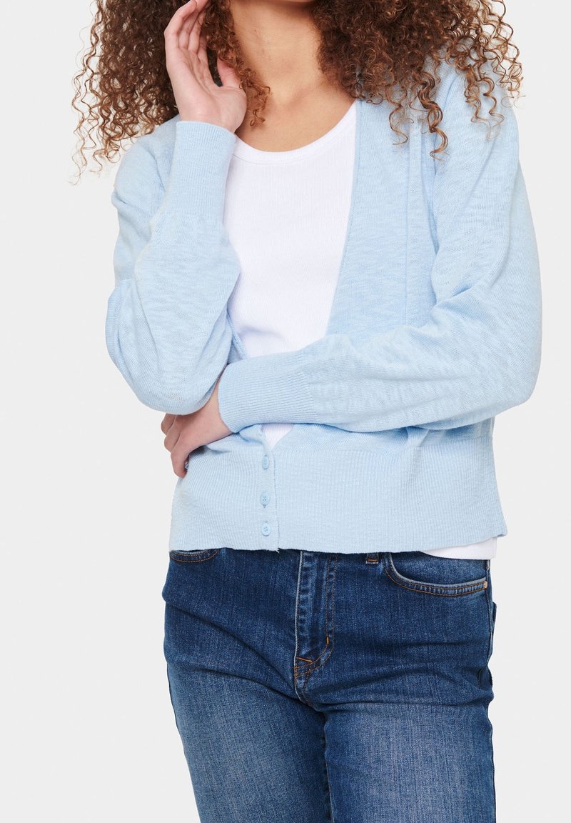 Cardigan bleu clair en matière tricotée douce, avec des boutons sur le devant, des poignets côtelés et une coupe légèrement ample, associé à un haut blanc.