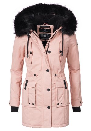 Giacca parka rosa chiaro con cappuccio in pelliccia sintetica, tasche frontali e dettagli neri. Caratterizzata da lacci e chiusura a bottone.