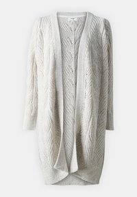 Cardigan beige clair en tissu tricoté texturé, présentant un motif torsadé, une ouverture sur le devant et des manches longues avec des poignets côtelés.