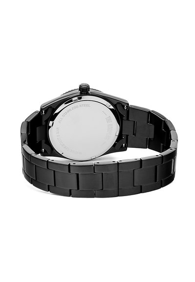 Reloj de acero inoxidable negro con una pulsera de eslabones y una caja redonda. La parte trasera muestra una superficie plateada suave con detalles grabados.