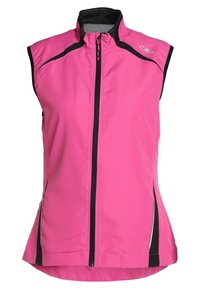 Gilet de sport rose sans manches avec bordure noire, fermeture éclair à l'avant, col montant et logo CMP sur l'épaule droite.