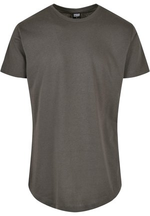 Gray short-sleeve T-shirt made of cotton, featuring a round neckline and a slightly curved hem, with a smooth texture and no visible patterns.