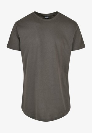T-shirt grigio a maniche corte in cotone, con scollo rotondo e orlo leggermente curvo, presenta una texture liscia e senza motivi visibili.