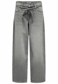 Bredde ben grå denimbukser med snor i livet og frontlommer. Stoffet har en lett struktur og en falmet finish.