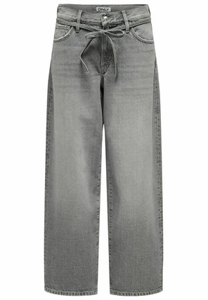 Wide-leg gray denim jeans with a drawstring waistband and front pockets. The fabric features a slight texture and faded finish.