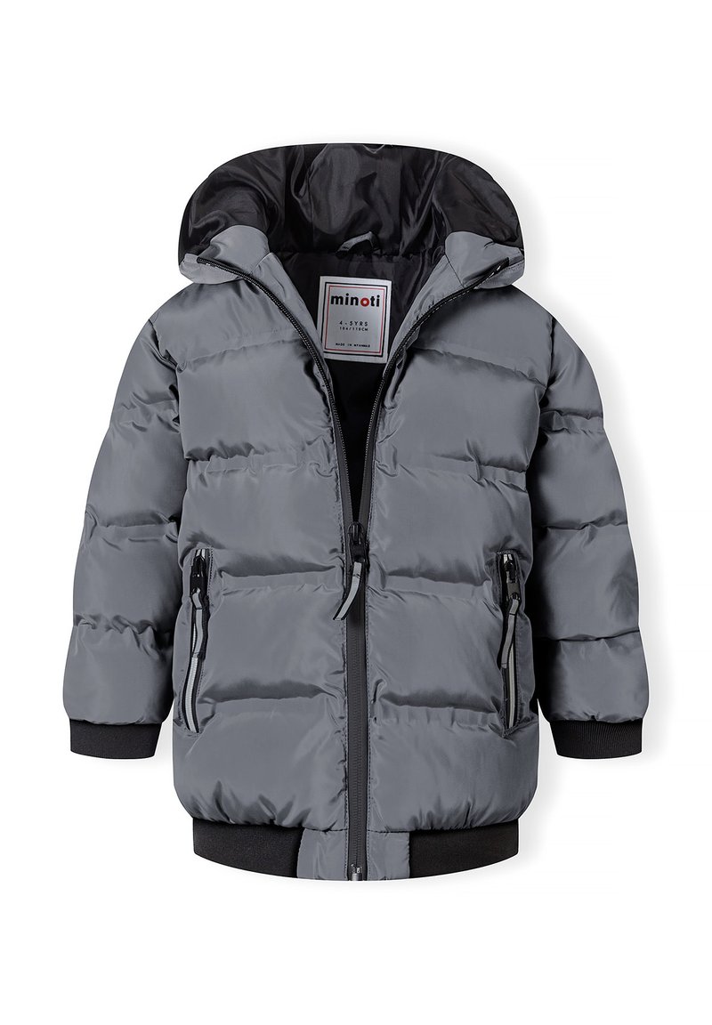 Szara kurtka puchowa z kapturem, wyposażona w zamek błyskawiczny z przodu, dwa zamykane na zamek boczne kieszenie oraz elastyczne mankiety. Gładka, błyszcząca nylonowa powierzchnia.