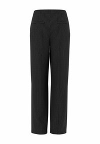 Pantalon noir à fines rayures avec une coupe droite, une taille élastique et deux poches arrière. Texture de tissu lisse.