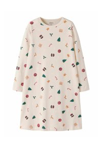 Sukienka z długim rękawem z bawełny w jasnym beżu, z festywnym wzorem choinek, pierników i lasek cukrowych w kolorze zielonym i czerwonym.