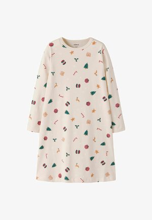 Sukienka z długim rękawem z bawełny w jasnym beżu, z festywnym wzorem choinek, pierników i lasek cukrowych w kolorze zielonym i czerwonym.
