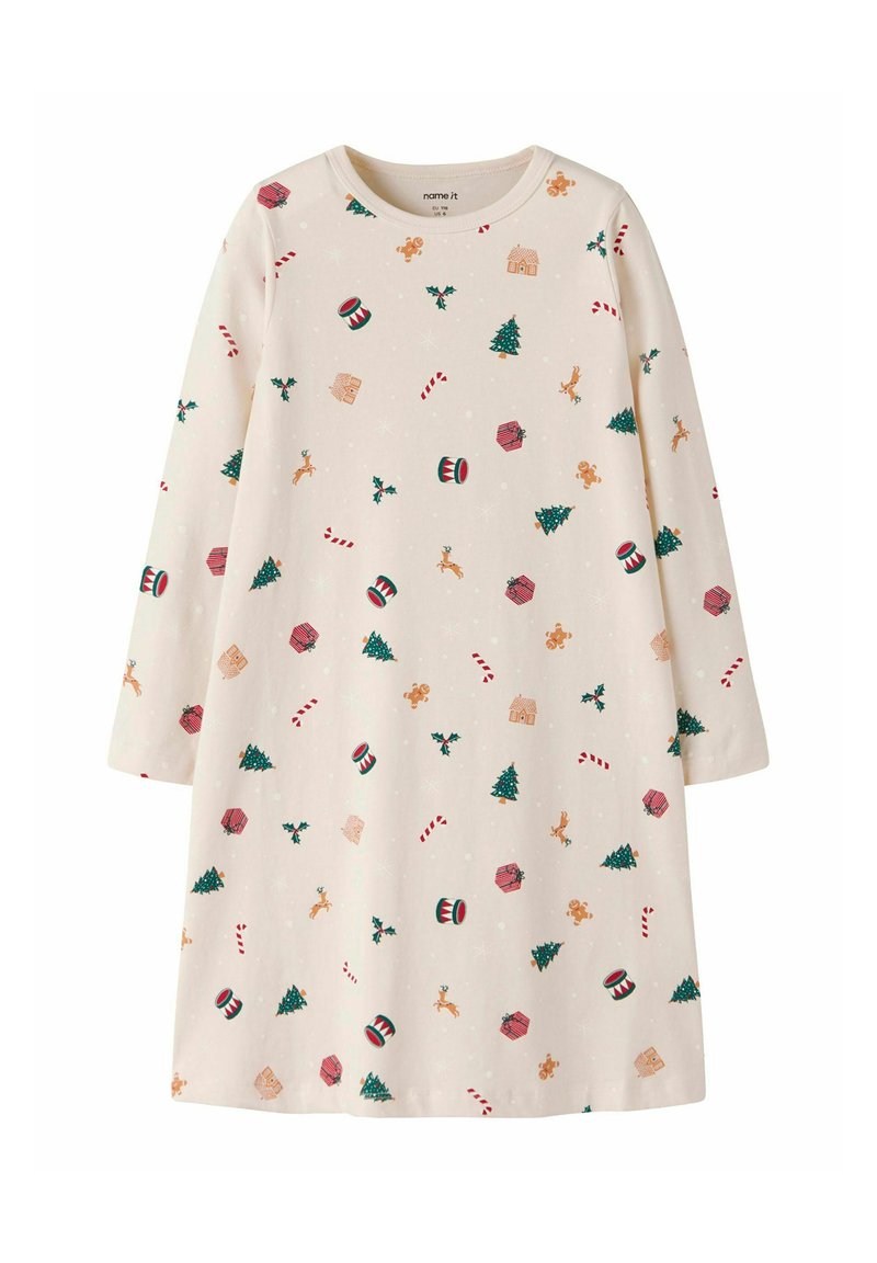Sukienka z długim rękawem z bawełny w jasnym beżu, z festywnym wzorem choinek, pierników i lasek cukrowych w kolorze zielonym i czerwonym.