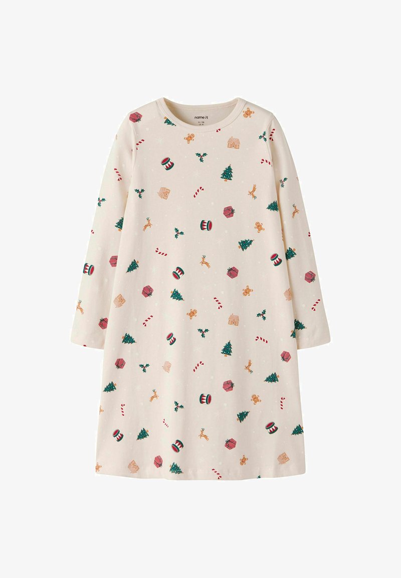 Sukienka z długim rękawem z bawełny w jasnym beżu, z festywnym wzorem choinek, pierników i lasek cukrowych w kolorze zielonym i czerwonym.