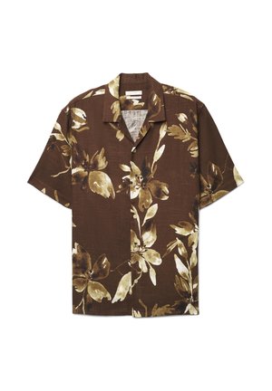 Braunes kurzärmeliges Hemd mit Knopfleiste, großem beige-dunkelbraunem Blumenmuster und einem Hemdkragen.