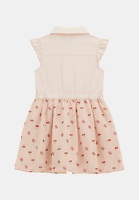Pale pink dress with a collared neckline, ruffled sleeves, and a flared skirt featuring a cherry and floral pattern in darker tones.