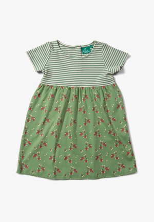 Vestido de manga corta para niño pequeño, con rayas verdes y blancas en la parte superior y falda verde adornada con pequeños estampados florales rojos y blancos.