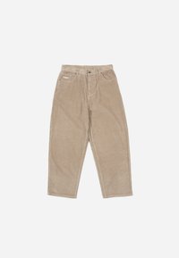 Beige cordfløyelsbukser med rett passform, som har fem lommer, knappestoppe foran, og teksturerte vertikale linjer i stoffet.