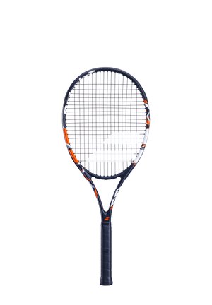 Tennisschläger mit einem dunkelblauen Rahmen, orangefarbenen und weißen Akzenten, bespanntem Schlägerkopf und einem strukturierten schwarzen Gummi-Griff. Klassische ovale Form.