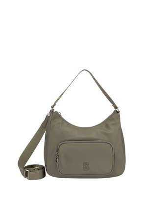 Skuldertaske i olivengrøn med en frontlomme med lynlås, justerbar lang rem og kort håndtag, med en diskret præget logo på lommen.
