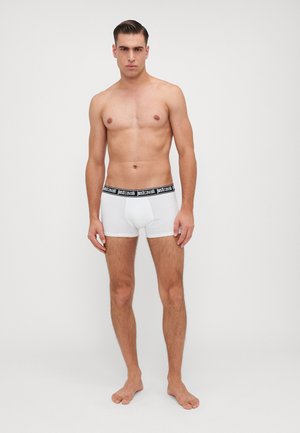 Bílé bavlněné boxerky s černým elastickým pasem, na kterém je logo "justcavalli". Jednoduchý, přiléhavý design s hladkou texturou.