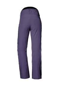 Fialové venkovní kalhoty se rovnými nohavicemi, uvolněným pasem a bočními kapsami na zip. Hladká látka s matným povrchem.