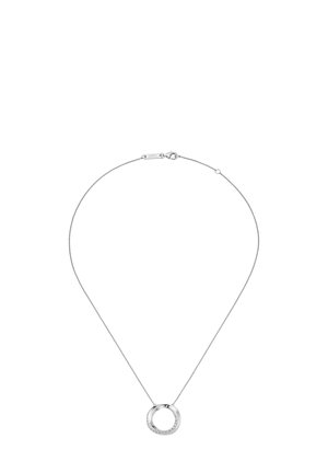 Silver circular pendant necklace with small embedded crystals on fine chain and lobster clasp closure.
