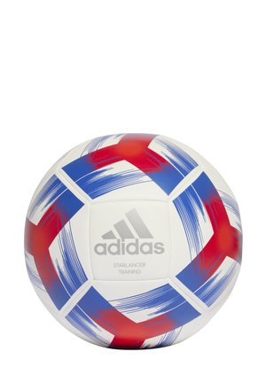 Balón de fútbol Adidas Starlancer Training, blanco con patrones de pinceladas rojas y azules, superficie sintética suave y forma esférica tradicional.