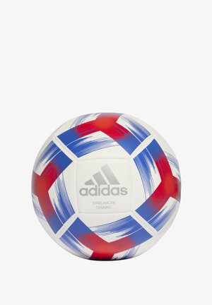 Balón de fútbol Adidas Starlancer Training, blanco con patrones de pinceladas rojas y azules, superficie sintética suave y forma esférica tradicional.