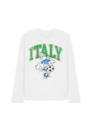 White long-sleeve shirt with large green and red "ITALY" text and cartoon character kicking a soccer ball wearing blue shoes and shirt.