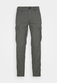 Šedé cargo kalhoty s jemným kostkovaným vzorem, s několika bočními kapsami a knoflíkovým zapínáním. Vyrobené z texturované tkaniny.