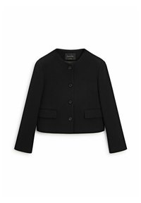 Veste noire pour femme à manches longues avec encolure ronde, quatre boutons devant et deux poches à rabat à la taille.