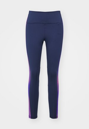 Navy leggings made of stretchy fabric, featuring a high waistband and contrasting purple and pink side panels with a subtle pattern.