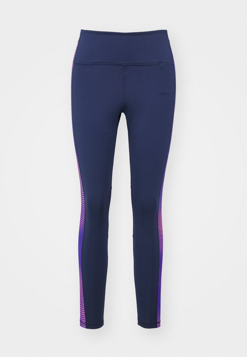 Leggings neri realizzati in tessuto elasticizzato, con una vita alta e pannelli laterali a contrasto in viola e rosa con un motivo sottile.