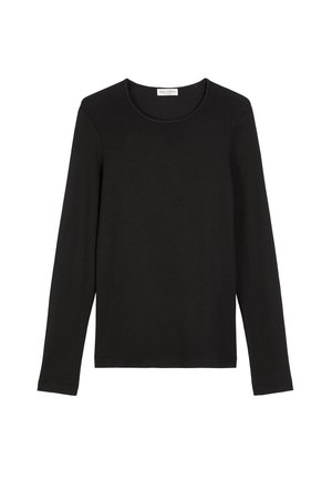 Schwarzes Langarmshirt aus glattem Baumwollstoff. Verfügt über einen runden Halsausschnitt und eine schlichte Silhouette mit einer leicht lockeren Passform.
