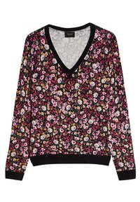 Pull noir à fleurs avec col en V, présentant des motifs floraux multicolores, des manches longues et des poignets et ourlet côtelés noirs.