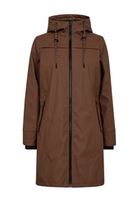 Bruine regenjas met een capuchon, voorkant rits en zijzakken. Heeft trekkoorden bij de capuchon en een textuurstof voor duurzaamheid.