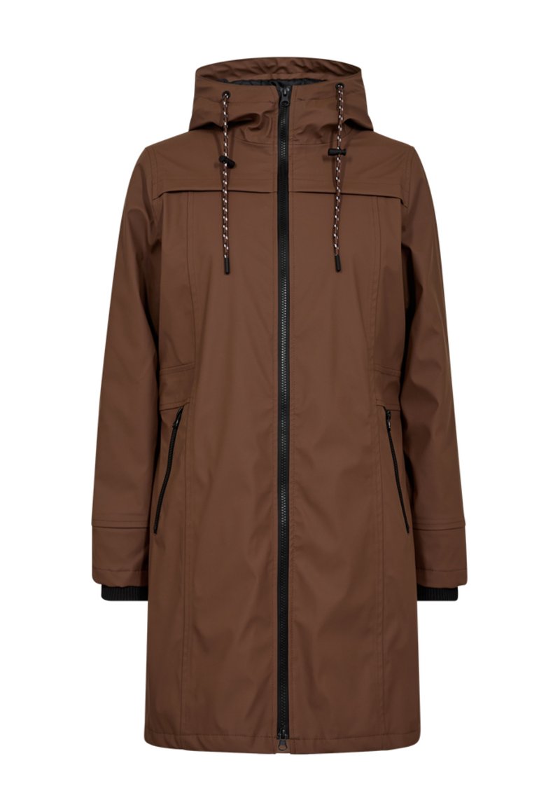 Bruine regenjas met een capuchon, voorkant rits en zijzakken. Heeft trekkoorden bij de capuchon en een textuurstof voor duurzaamheid.