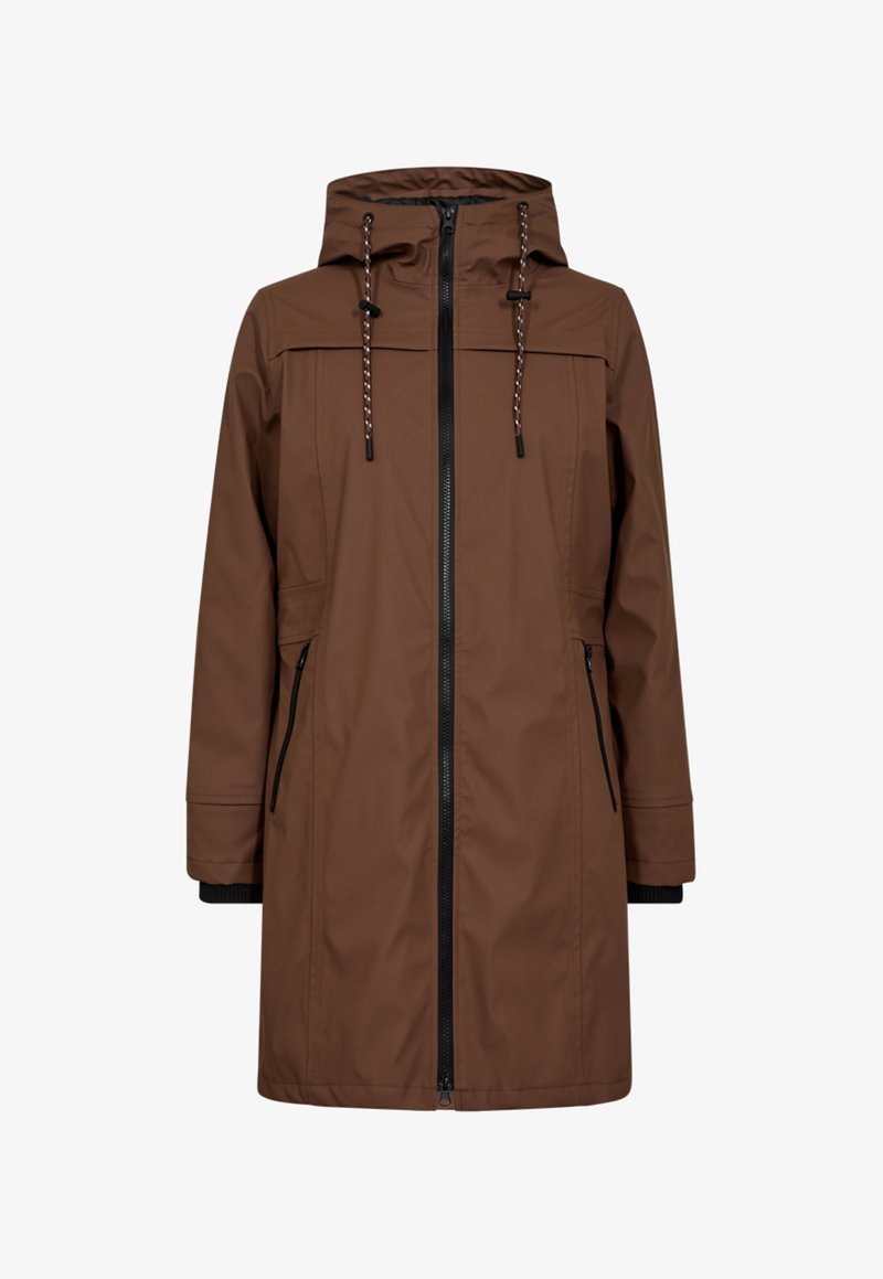 Bruine regenjas met een capuchon, voorkant rits en zijzakken. Heeft trekkoorden bij de capuchon en een textuurstof voor duurzaamheid.