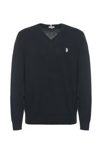 Maglione nero a scollo a V realizzato in un tessuto a maglia liscio con polsini e orlo a costine. Presenta un piccolo logo ricamato sul lato sinistro del petto.