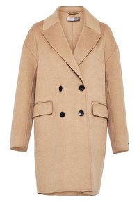 Abrigo de lana color camel de doble botonadura con amplios solapas, dos bolsillos frontales con solapa y botones negros.