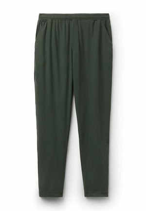 Dunkelgrüne, elastische Bundhose mit schmal zulaufenden Beinen und Seitentaschen, flach auf weißem Hintergrund präsentiert.