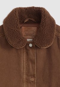 Bruine jas met dikke, krullende fleece kraag, metalen drukknoop en zichtbaar Levi Strauss & Co. label in de kraag.