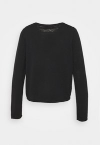 Czarny longsleeve wykonany z lekkiego materiału, z okrągłym dekoltem i prostym wykończeniem, o gładkiej fakturze i minimalistycznym wzornictwie.