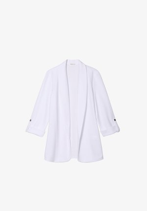 Witte, lichte blazer met driekwartmouwen, open voorzijde en opgerolde manchetten met knoopaccenten. Gladde, soepelvallende stof.