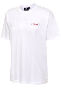 Fehér pamut póló rövid ujjakkal, a mellkason piros és kék "hummel" sportmárka logóval. Klasszikus környakú dizájn.